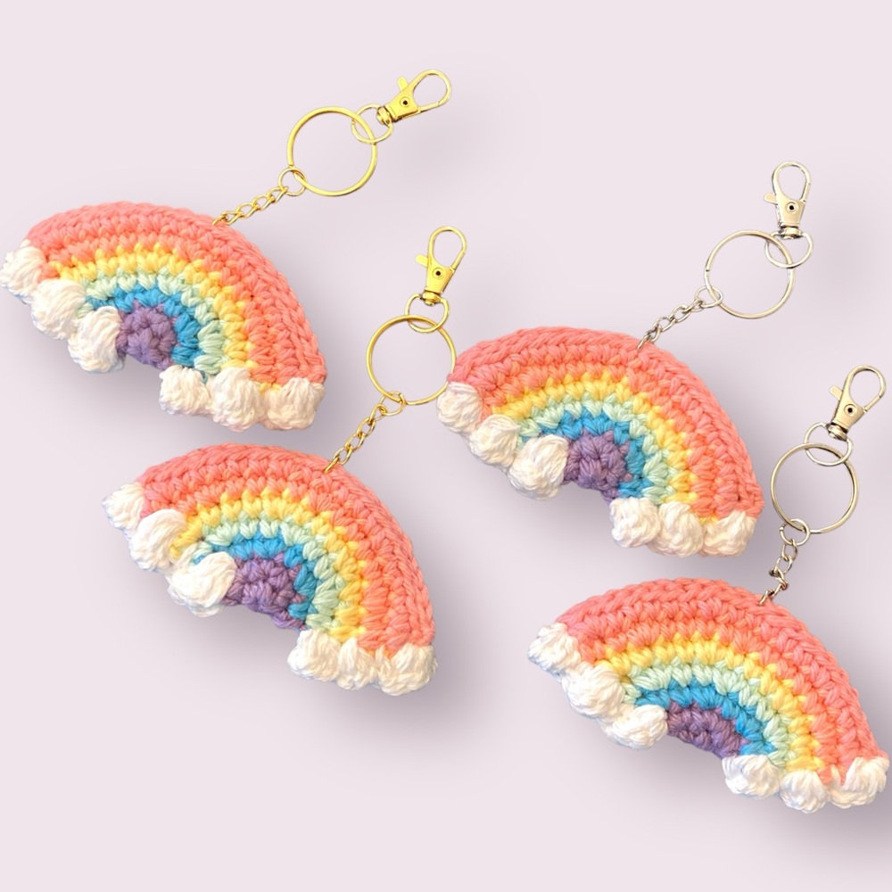 Hand Crafted Rainbow Keychain Bag Charm crocheted handmade with clouds pastel - Picture 6 of 8
